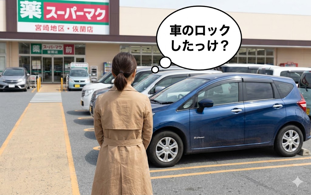 スーパーの駐車場で車のロックを気にする女性