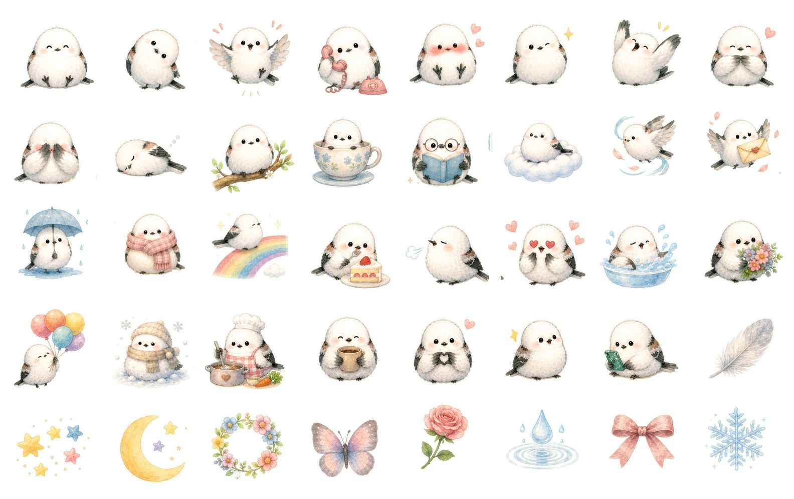 心配性LINE絵文字 ふわふわシマエナガ全40種