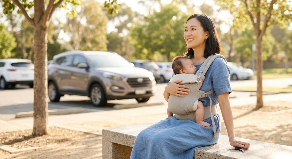 赤ちゃんを抱っこして駐車場にいる女性