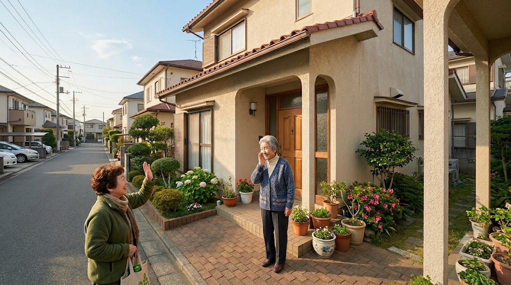 住宅街でご近所と挨拶を交わす高齢の親
