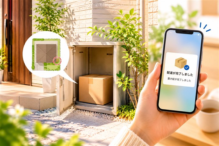 宅配ボックスに置き配された荷物とスマホの配達完了通知