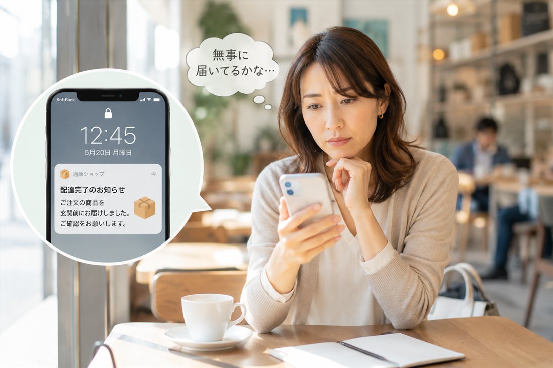カフェでスマホの配達完了通知を見て、荷物が無事か心配する女性