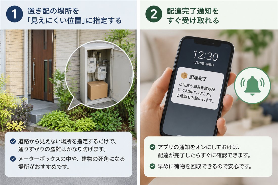 置き配の盗難対策の図解:見えにくい場所への指定と配達完了通知の活用