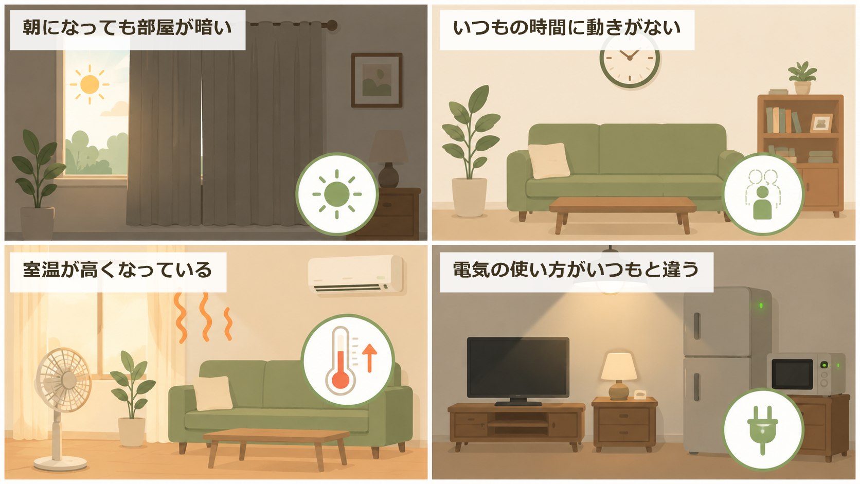 見守りセンサーが気づく4つの変化(部屋が暗い・動きがない・室温が高い・電気の使い方が違う)