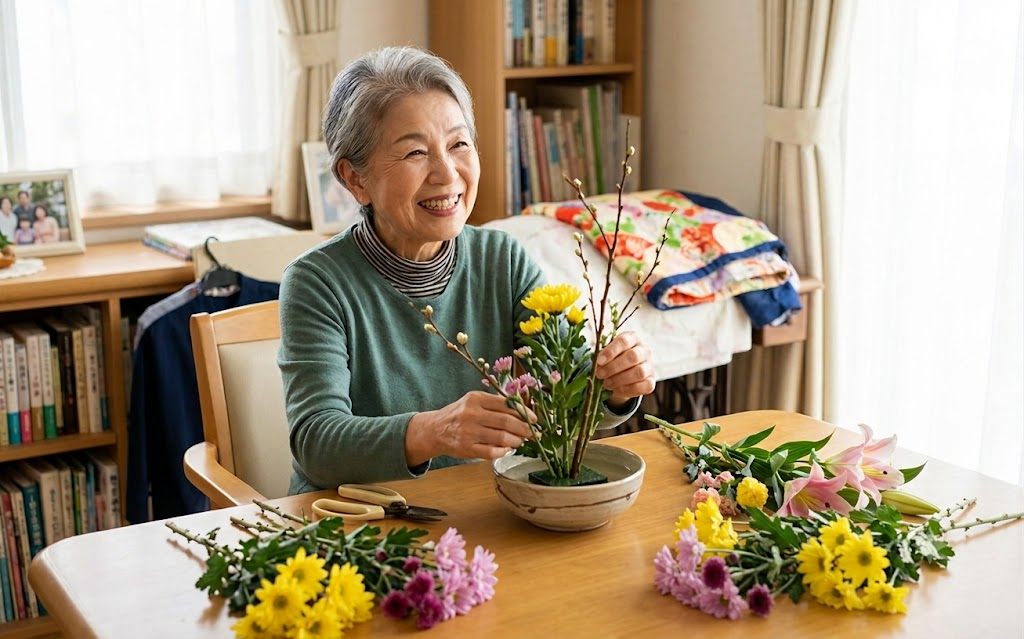 明るい部屋で笑顔で花を生ける、元気な高齢の母親