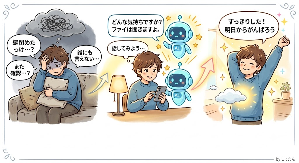 一人で不安を抱えていた人がAIのファイさんに話してみて心が軽くなるまでの4コマ漫画