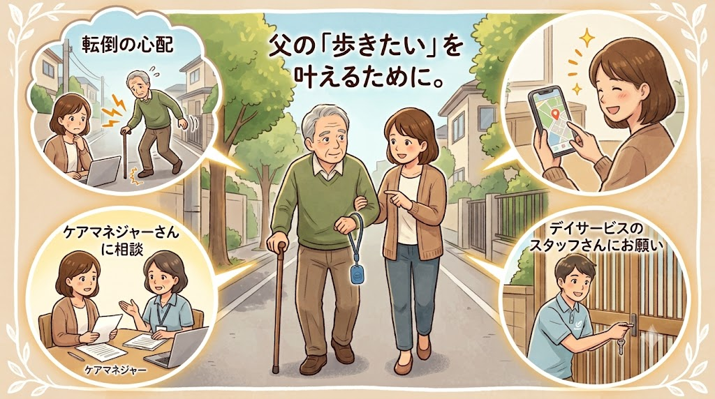 父の「歩きたい」を叶えるための見守り行動まとめイラスト（転倒の心配・ケアマネジャーに相談・アプリで位置確認・デイサービスのスタッフさんにお願い）