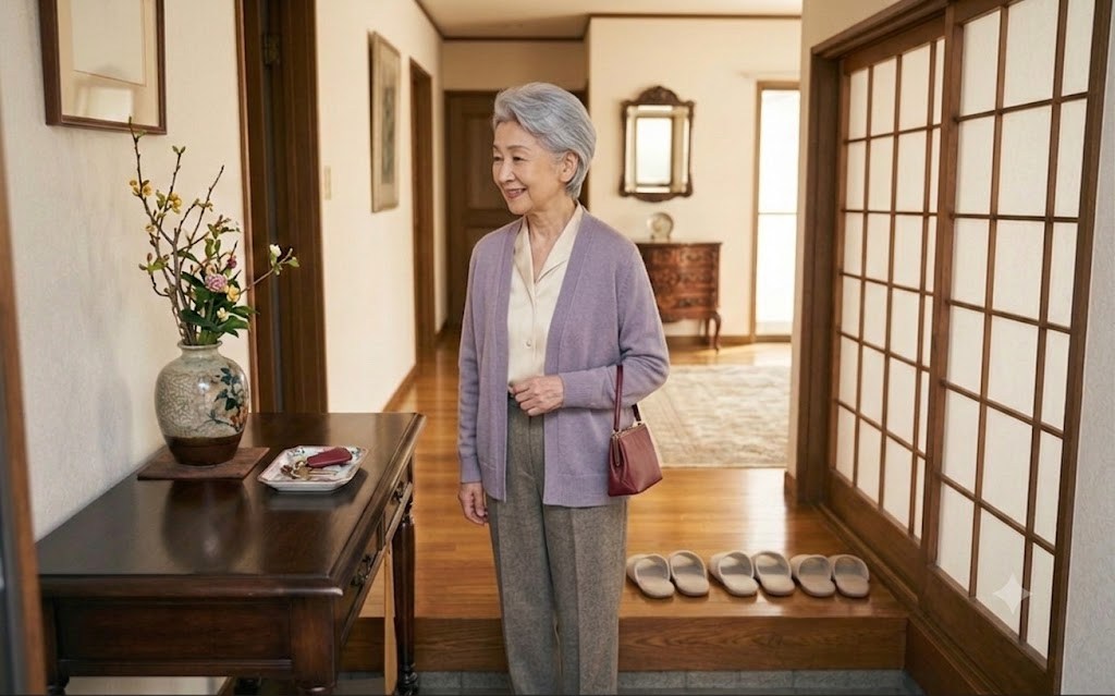 実家の玄関で身支度をする高齢の母親