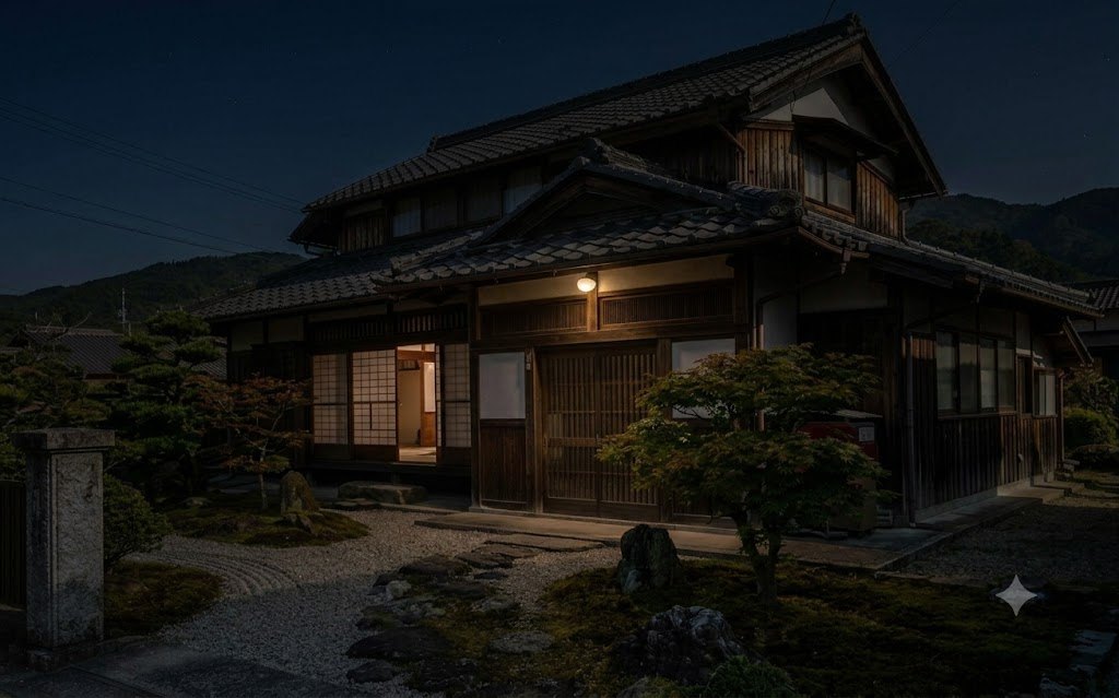 夜の実家の玄関先の明かり