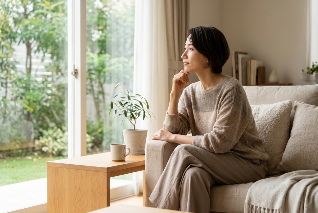 窓辺で静かに自分の気持ちを見つめ直す女性