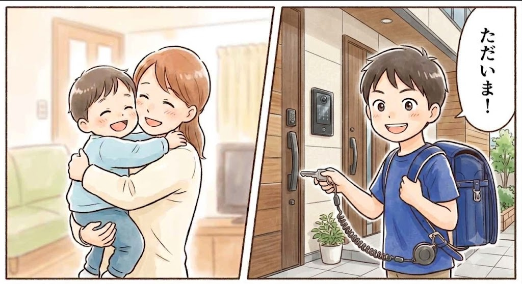 小さい頃甘えていた子どもが小学生になり鍵で頼もしく帰宅する成長を描いた2コマイラスト