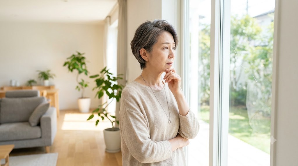 窓の外を心配そうに眺める女性
