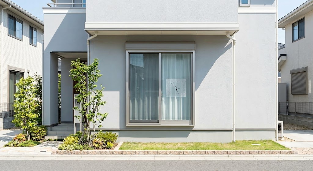 ヒビの入った窓がある戸建て住宅の外観