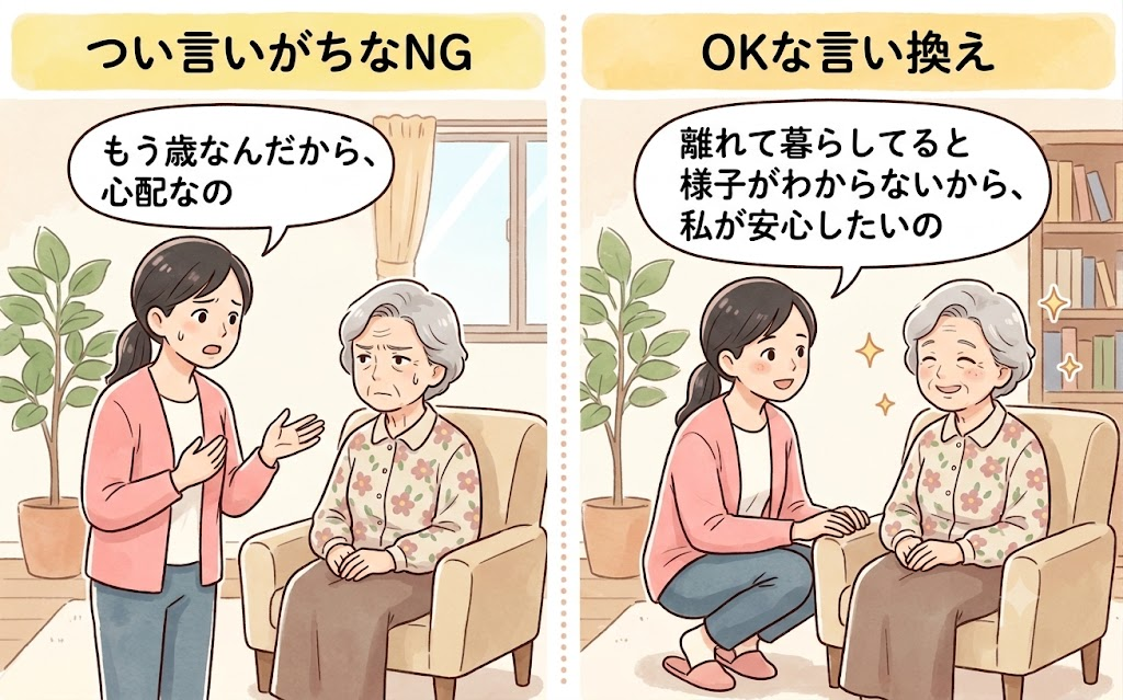 監視してると思わせないNGな声かけとOKな言い換えの親子会話イラスト比較