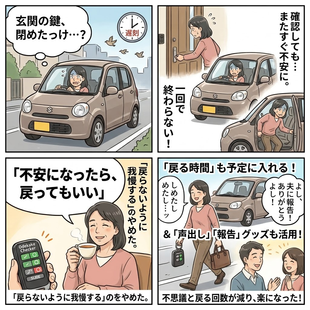 鍵の確認不安から「戻ってもいい」で楽になるまでの4コマまとめイラスト