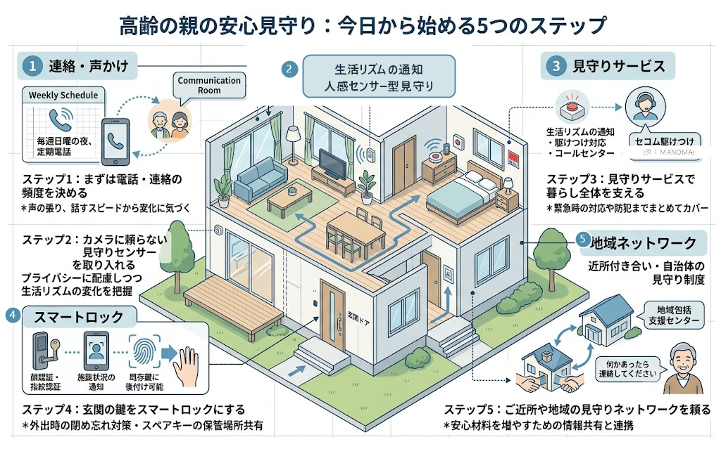 高齢の親の安心見守り、今日から始める5つのステップの見取り図イラスト