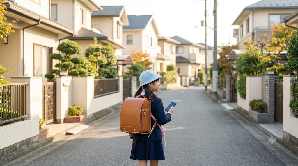 ランドセルを背負い、スマホを持って登下校する小学生