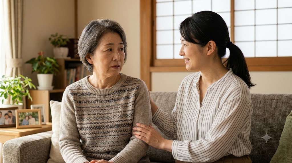 ソファで会話する母と娘