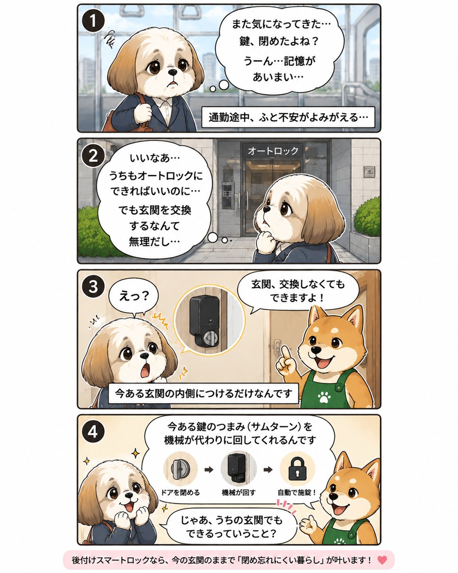 後付けできるオートロックの仕組みを説明する4コマ漫画