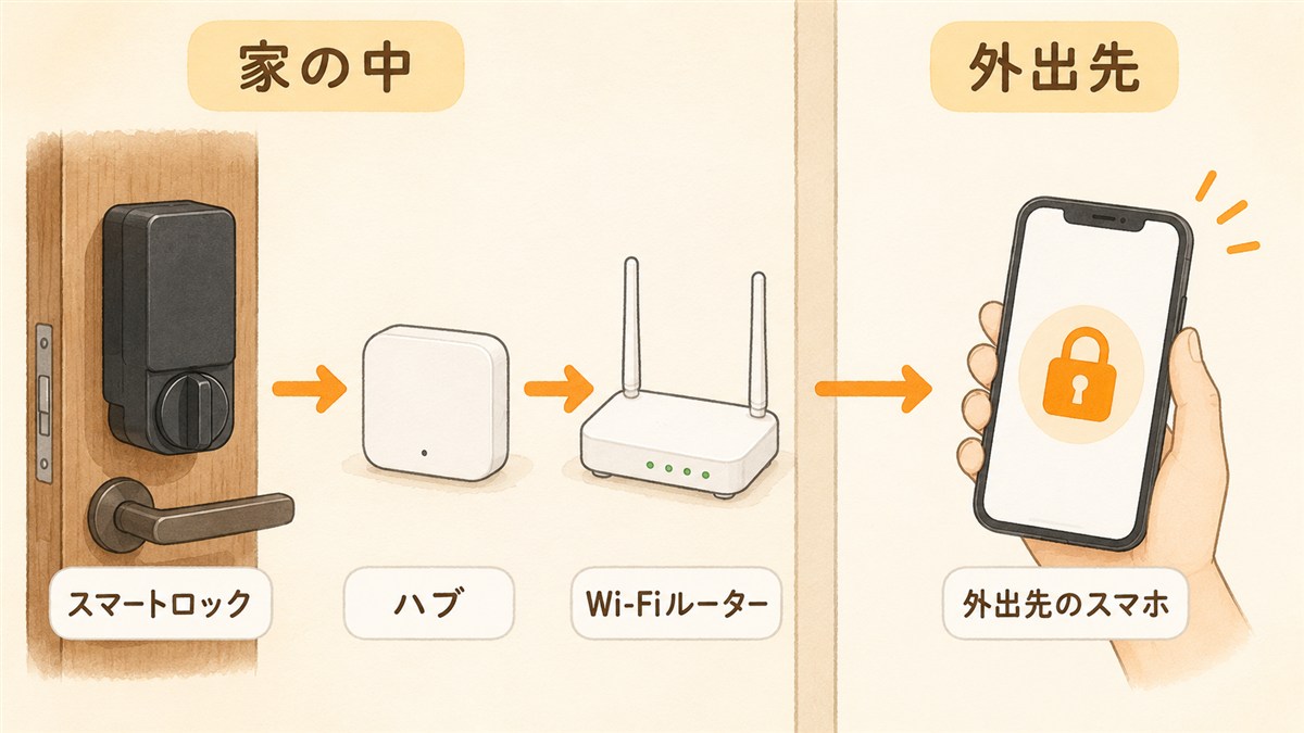 スマートロックとハブとWi-Fiルーターと外出先のスマホがつながる仕組みの図解