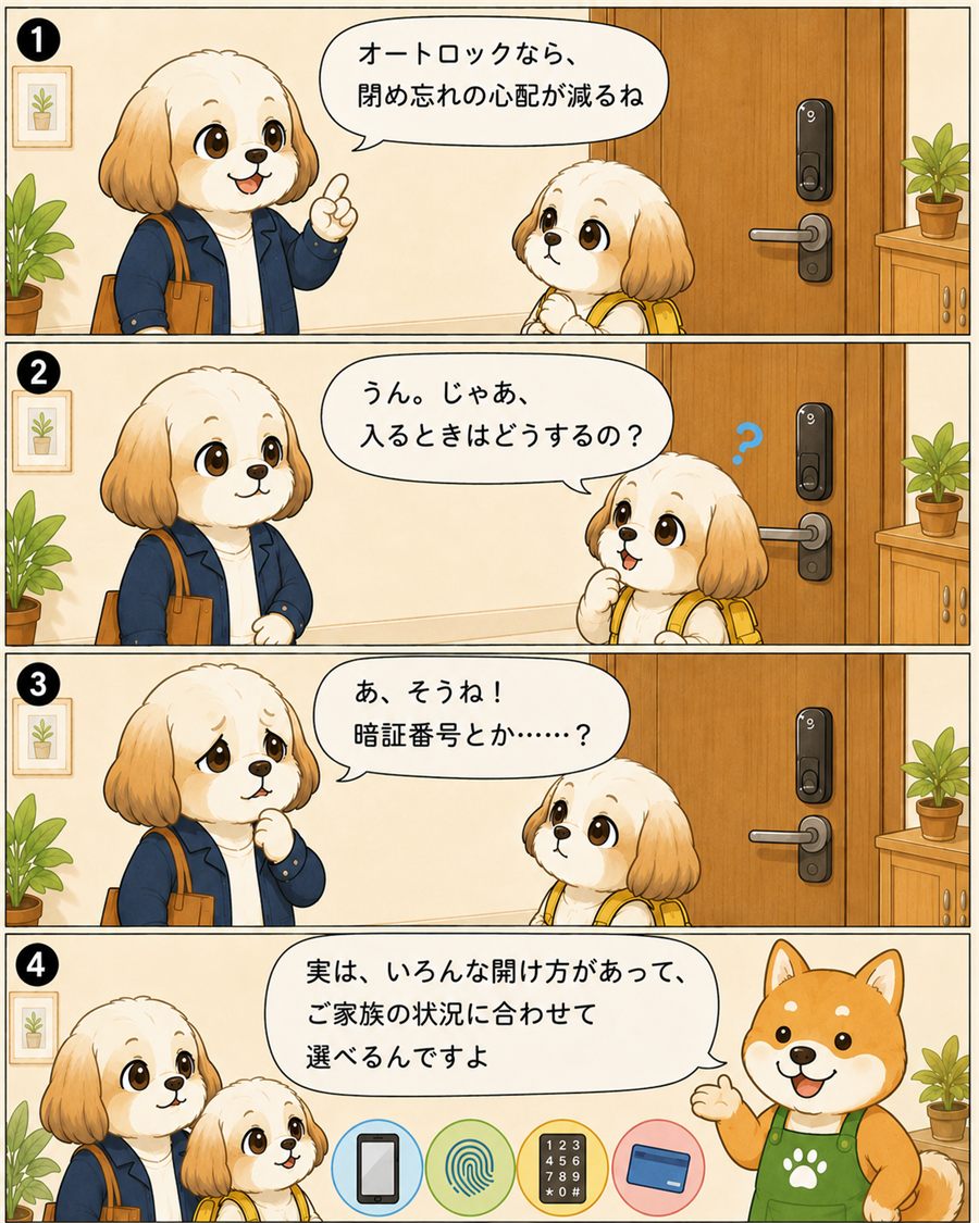 オートロックにしたあと家族はどうやって入るのかを考える4コマ漫画