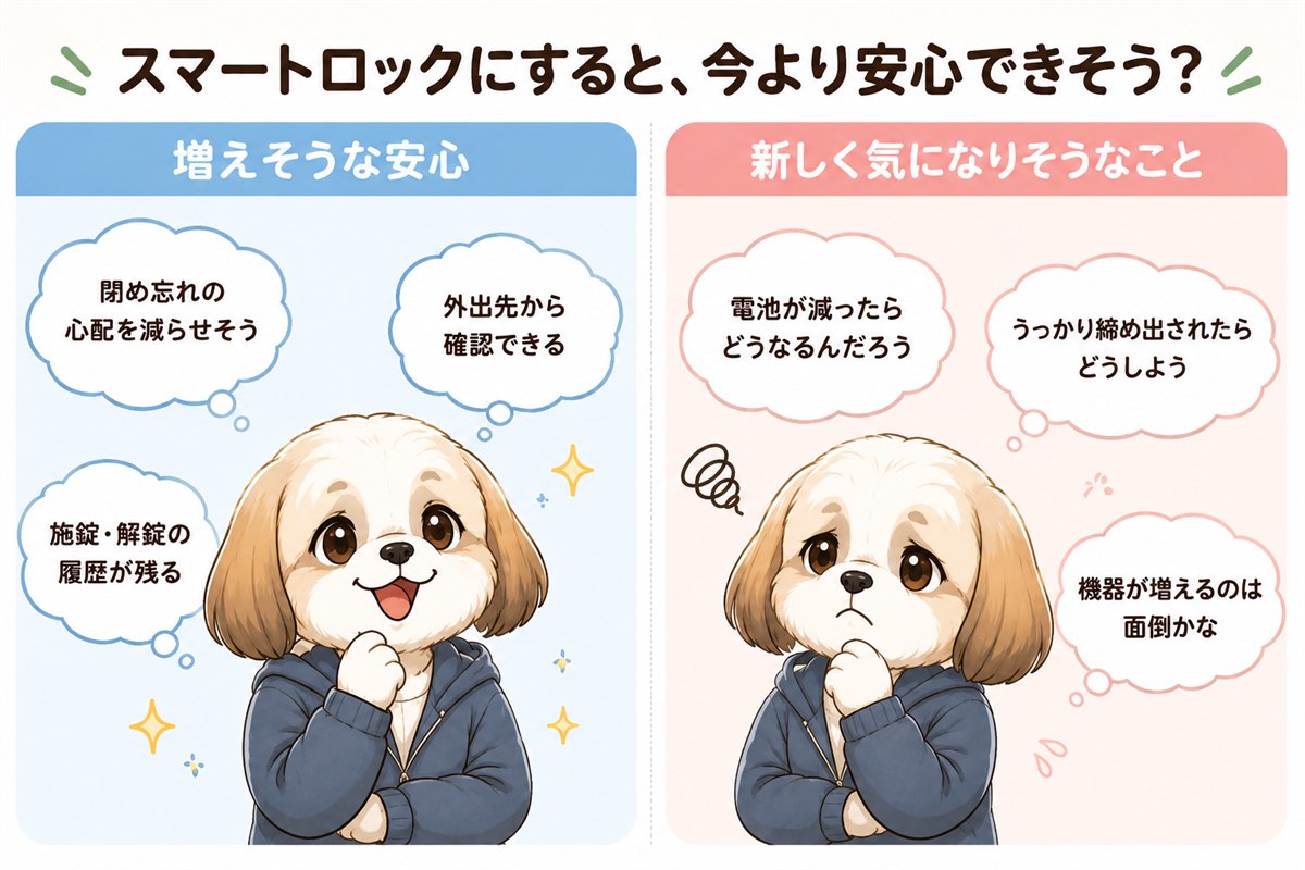 スマートロックで増えそうな安心と新しく気になりそうなことを比べるイラスト
