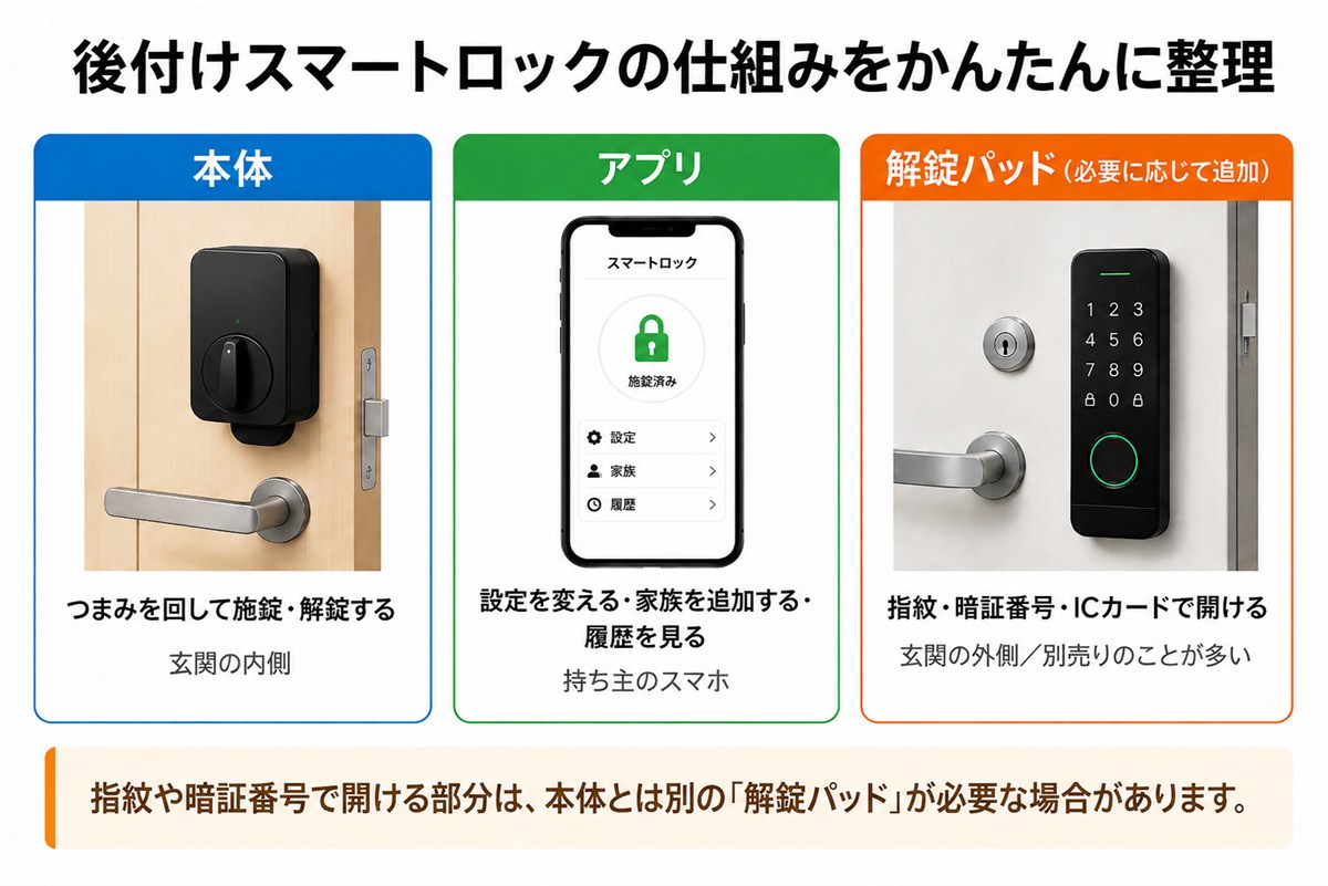 後付けスマートロックの本体とアプリと解錠パッドの役割を整理した図解