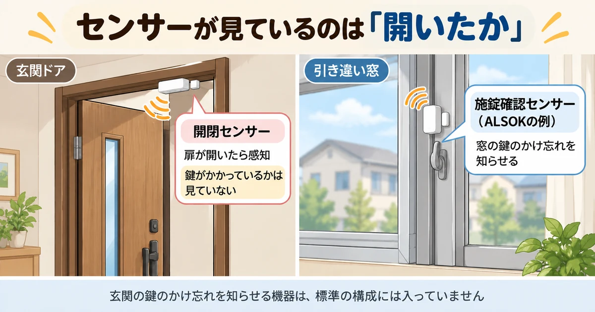 セコムとALSOKを比較するときに知っておきたい図解。開閉センサーが見ているのは扉や窓が開いたかで、鍵がかかっているかは見ていない
